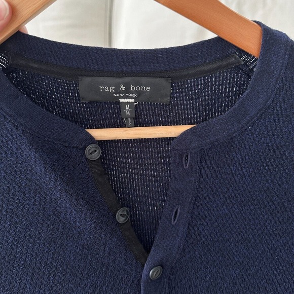 Rag & Bone Henley Shirt Mens Medium Merino Wool Knit Long Sleeve Navy Blue - Picture 10 of 12